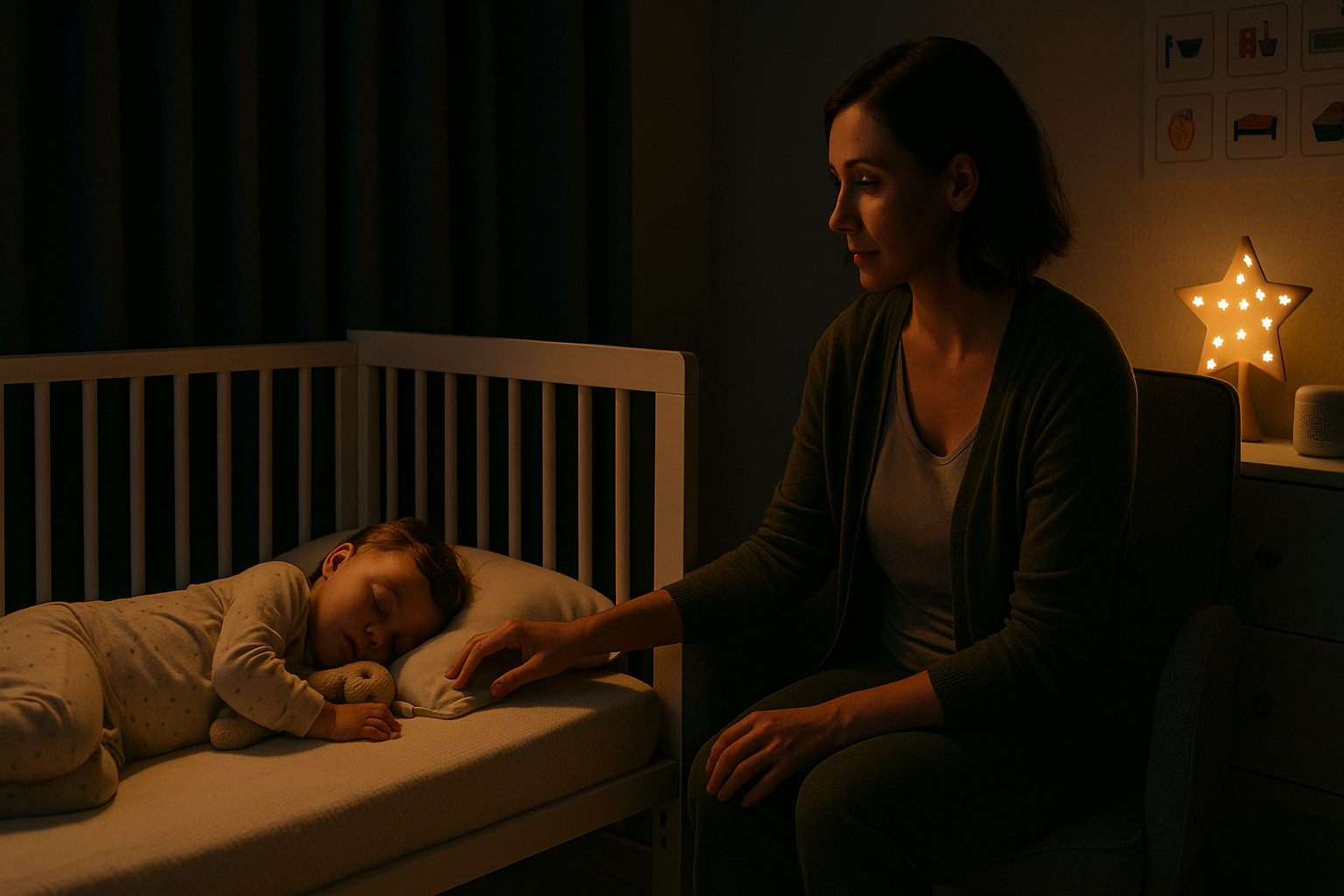 Mother watching her sleeping toddler in a softly lit nursery at night, star night light glowing—calm, gentle bedtime routine.